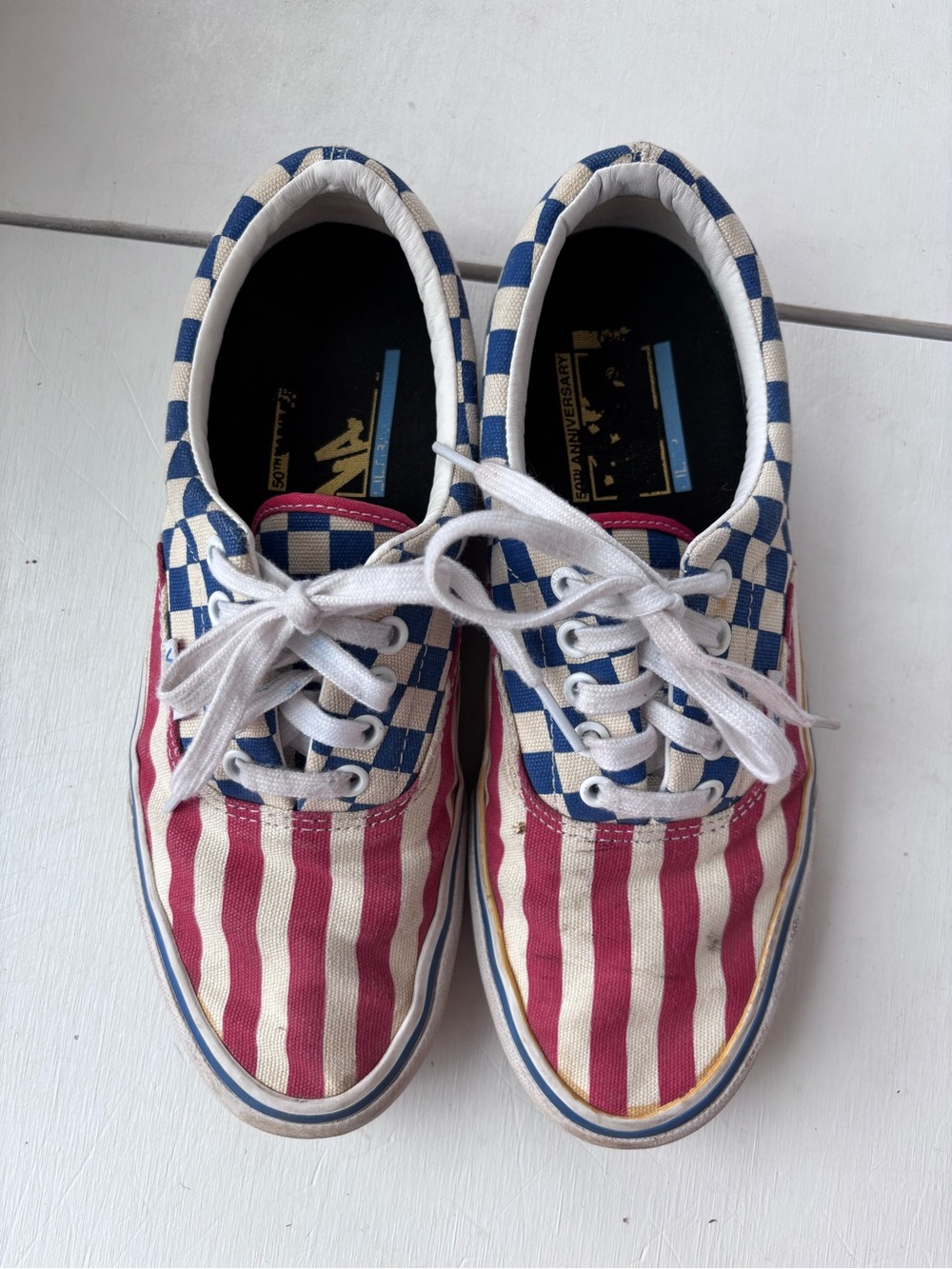 Red, Blue & White Checkerboard Stripe Mens Vans